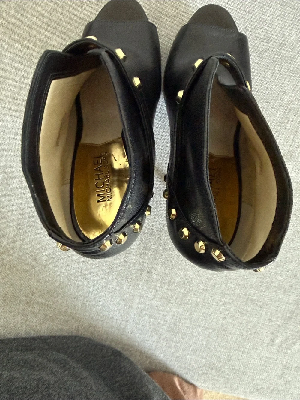 Michael Kors leather Black Peep-Toe Platform Booties with Gold Studs